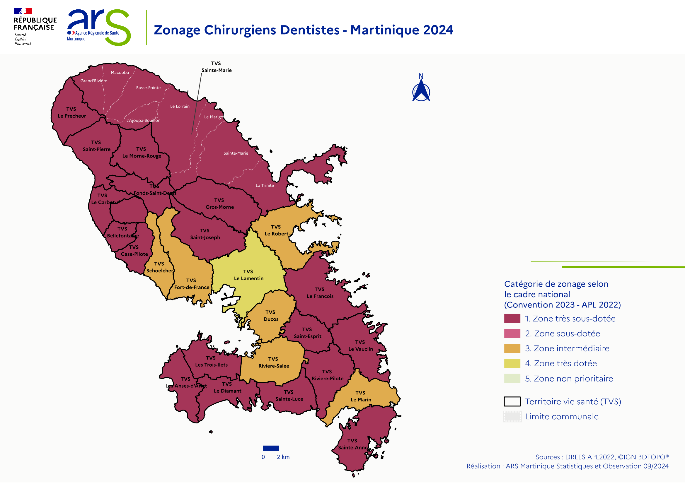 Carte présentant le zonage pour la profession de chirugien-dentiste